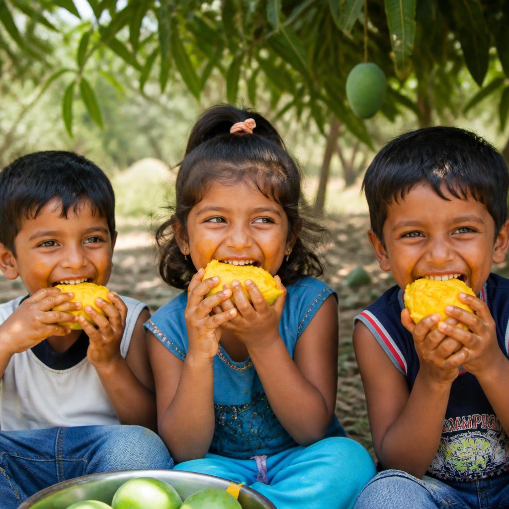 Kids eating freshly picked organic fruit, happy