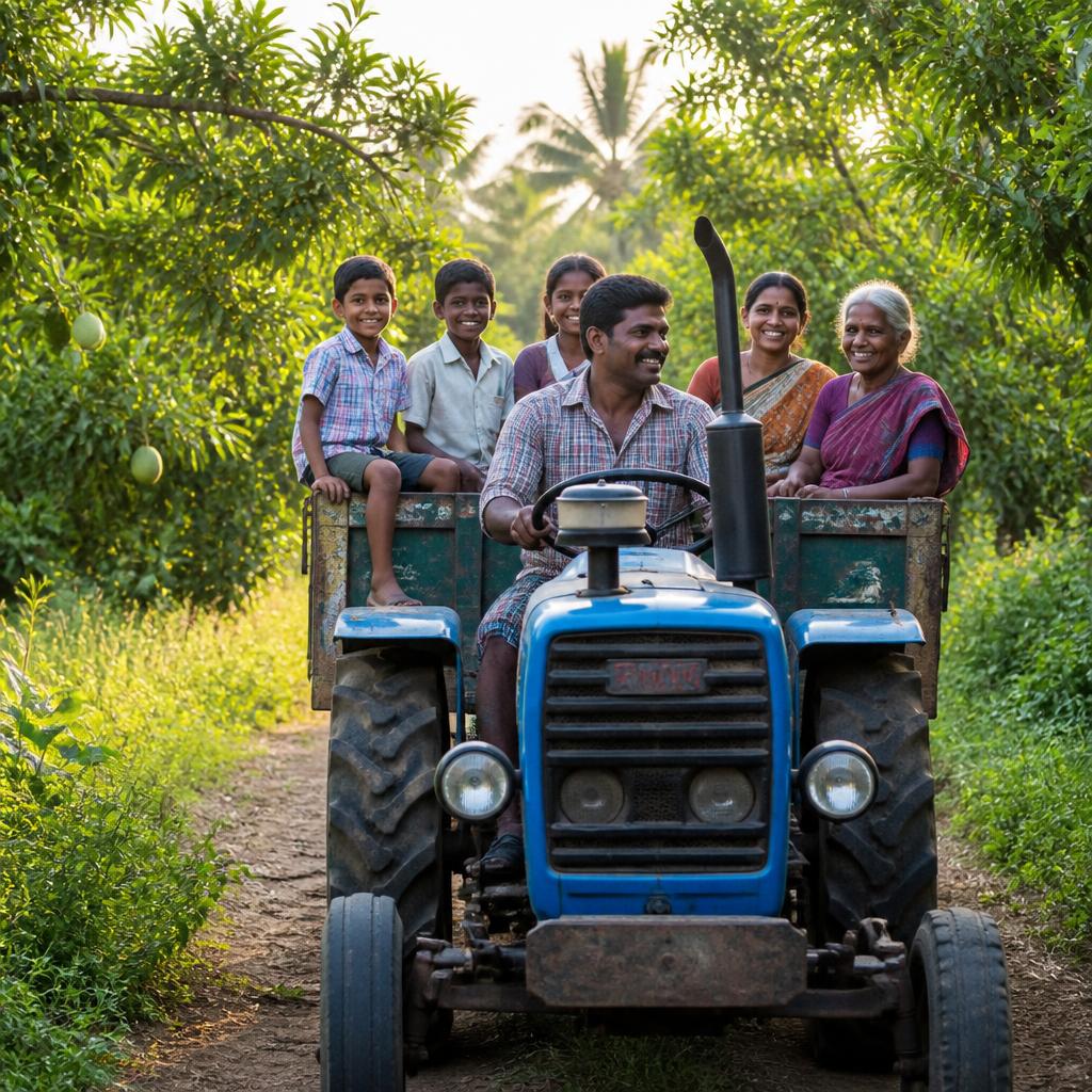 Family tractor ride through the orchard